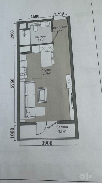 1-xonali kvartira, 35 m²