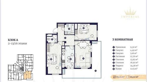 3-комнатная квартира, 90 м²