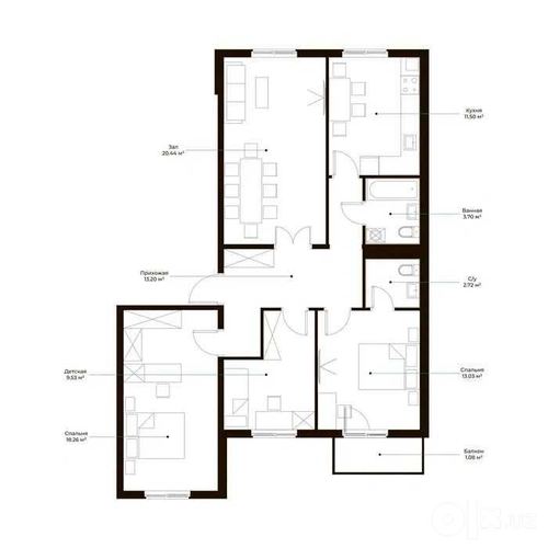 4-комнатная квартира, 93 м²