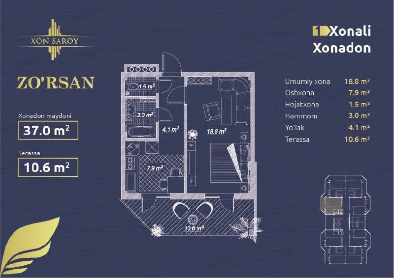 1-room apartment, 37 m², Tashkent, Yunusabad District, for sale