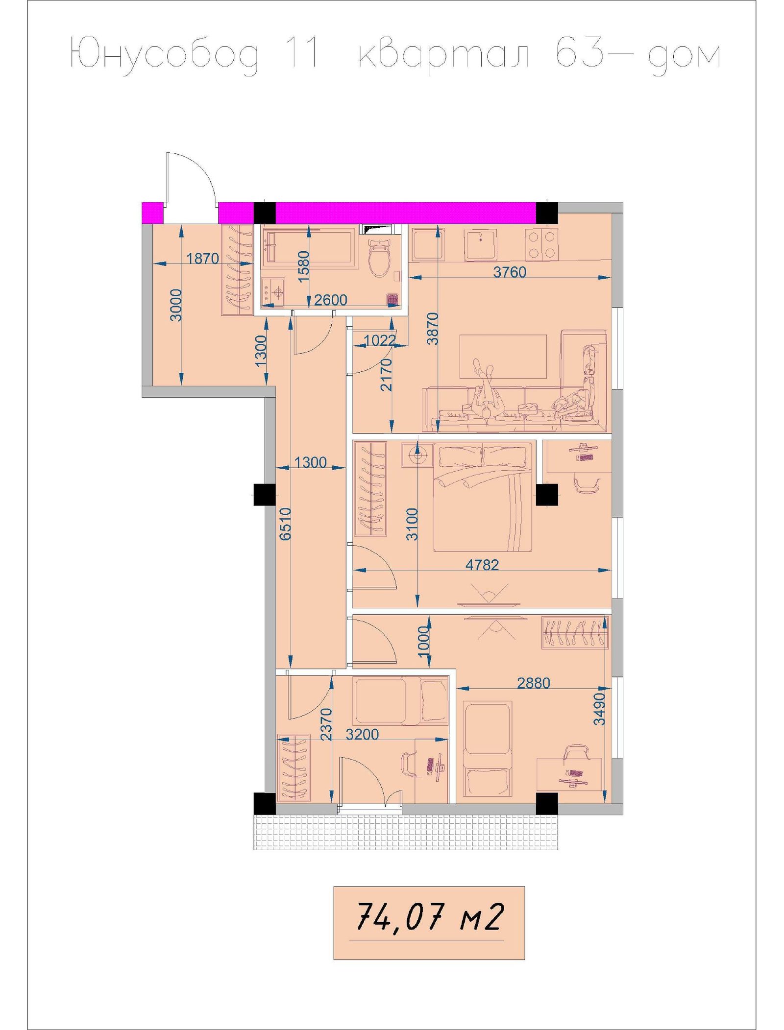3-room apartment, 74.07 m², Tashkent, Yunusabad District, for sale