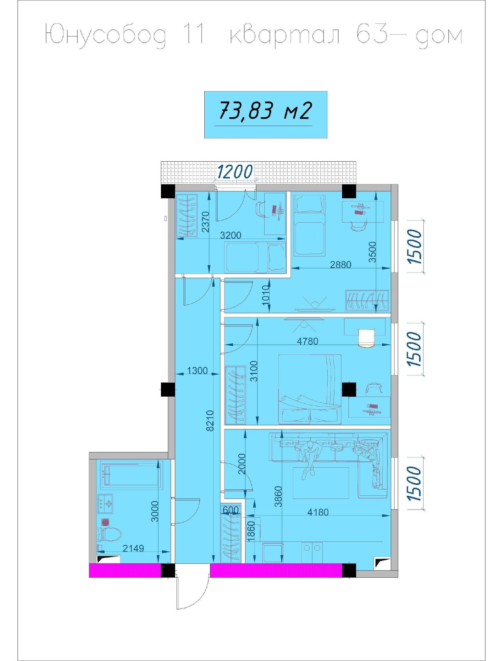 3-room apartment, 73.83 m², Tashkent, Yunusabad District, for sale
